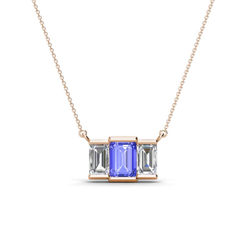 Veronica 6x4 mm Emerald Shape Tanzanite and Diamond Three Stone Pendant Necklace 