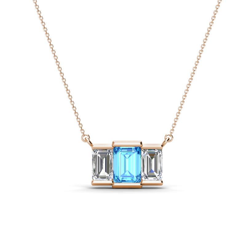 Veronica 6x4 mm Emerald Shape Blue Topaz and Diamond Three Stone Pendant Necklace 