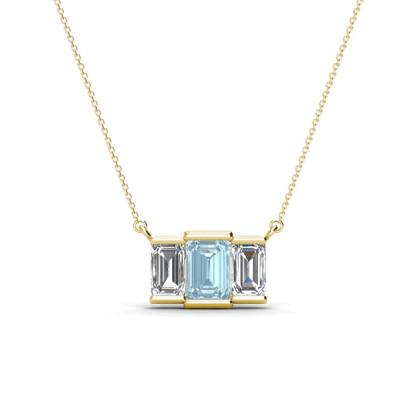 Veronica 6x4 mm Emerald Shape Aquamarine and Diamond Three Stone Pendant Necklace 