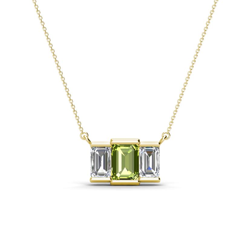 Veronica 6x4 mm Emerald Shape Peridot and Diamond Three Stone Pendant Necklace 