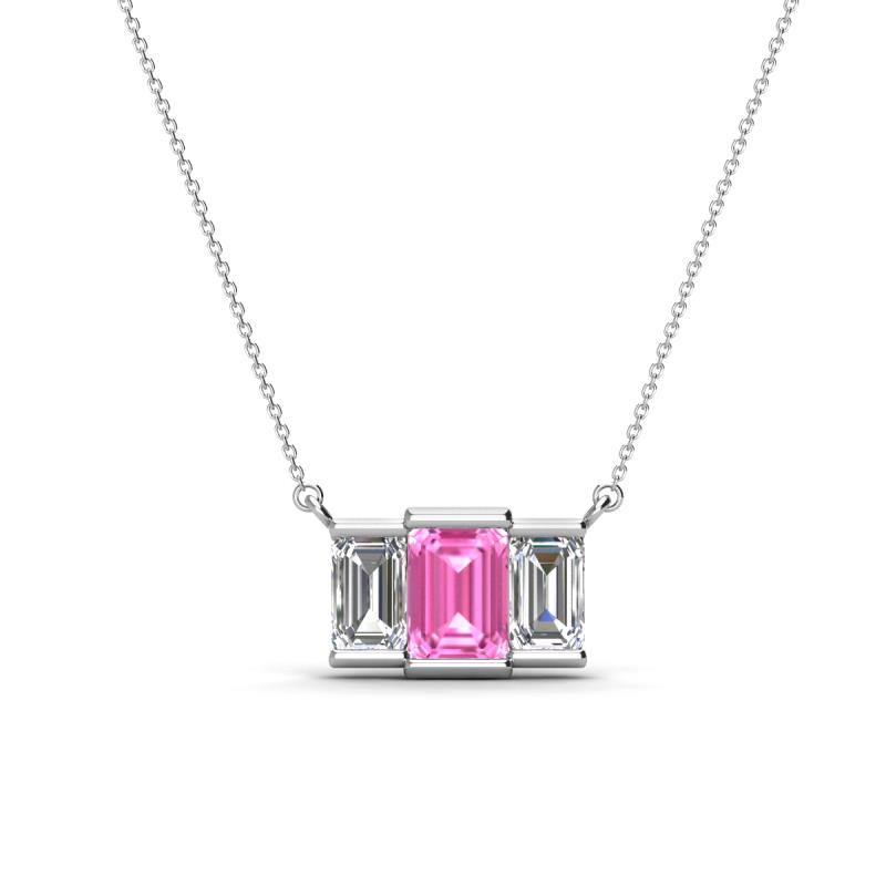 Veronica 6x4 mm Emerald Shape Pink Sapphire and Diamond Three Stone Pendant Necklace 