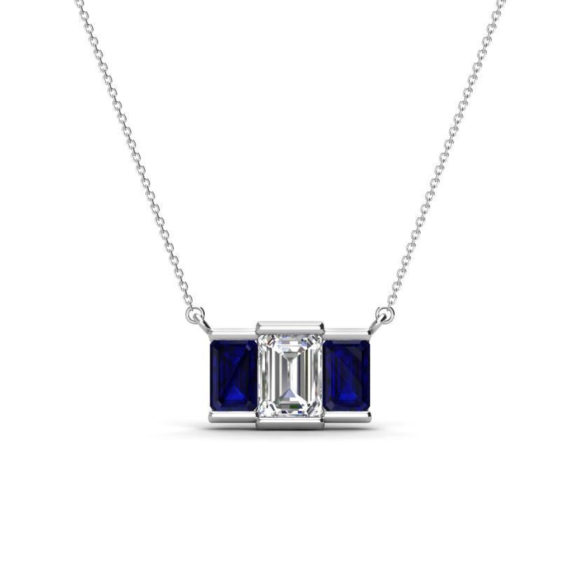 Veronica 6x4 mm Emerald Shape GIA Certified Diamond and Blue Sapphire Three Stone Pendant Necklace 