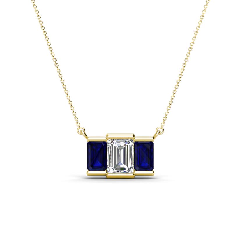 Veronica 6x4 mm Emerald Shape GIA Certified Diamond and Blue Sapphire Three Stone Pendant Necklace 