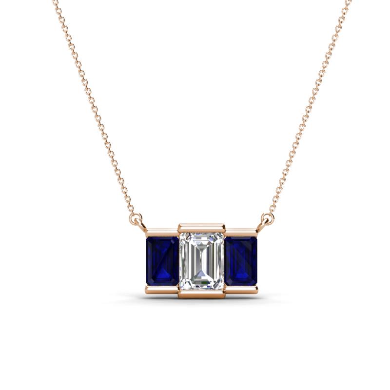 Veronica 6x4 mm Emerald Shape GIA Certified Diamond and Blue Sapphire Three Stone Pendant Necklace 