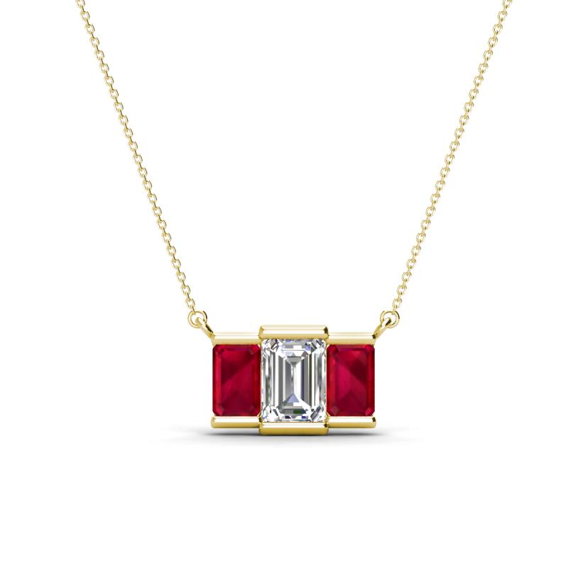 Veronica 6x4 mm Emerald Shape GIA Certified Diamond and Ruby Three Stone Pendant Necklace 