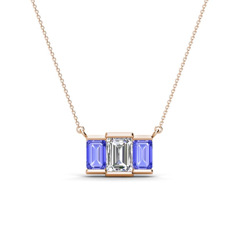 Veronica 6x4 mm Emerald Shape GIA Certified Diamond and Tanzanite Three Stone Pendant Necklace 