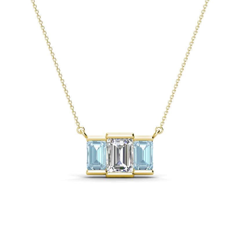 Veronica 6x4 mm Emerald Shape GIA Certified Diamond and Aquamarine Three Stone Pendant Necklace 