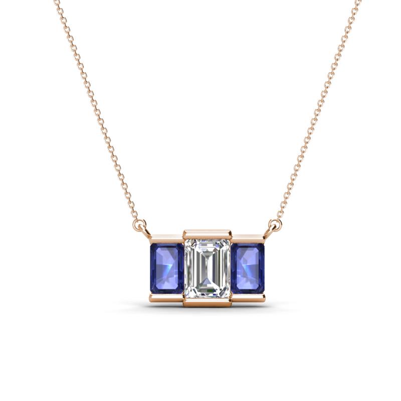 Veronica 6x4 mm Emerald Shape GIA Certified Diamond and Iolite Three Stone Pendant Necklace 