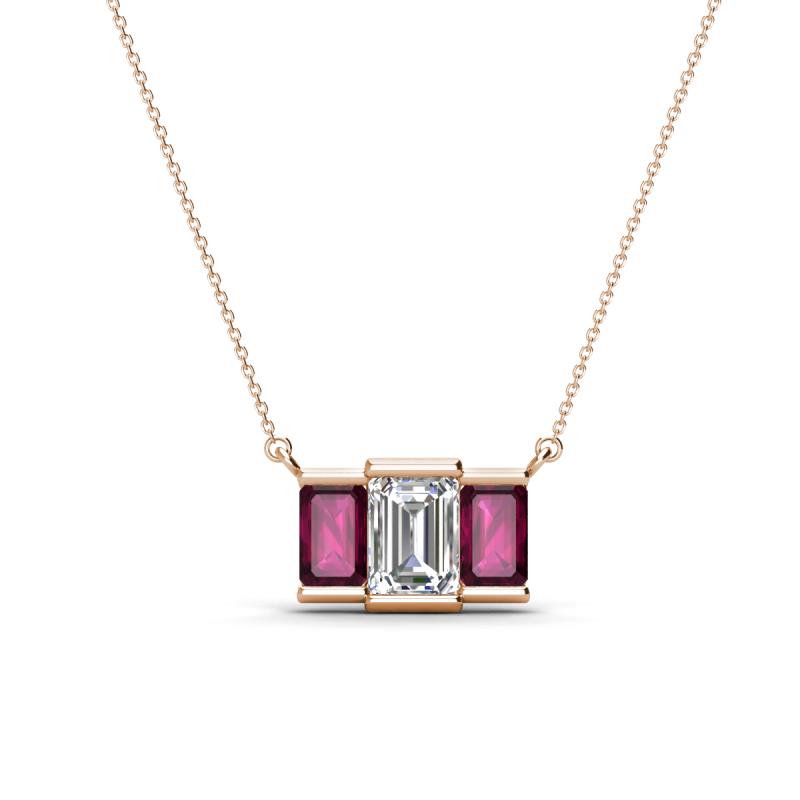 Veronica 6x4 mm Emerald Shape GIA Certified Diamond and Rhodolite Garnet Three Stone Pendant Necklace 