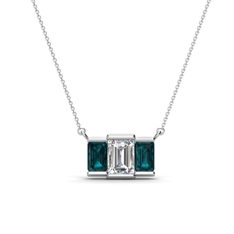Veronica 6x4 mm Emerald Shape GIA Certified Diamond and London Blue Topaz Three Stone Pendant Necklace 