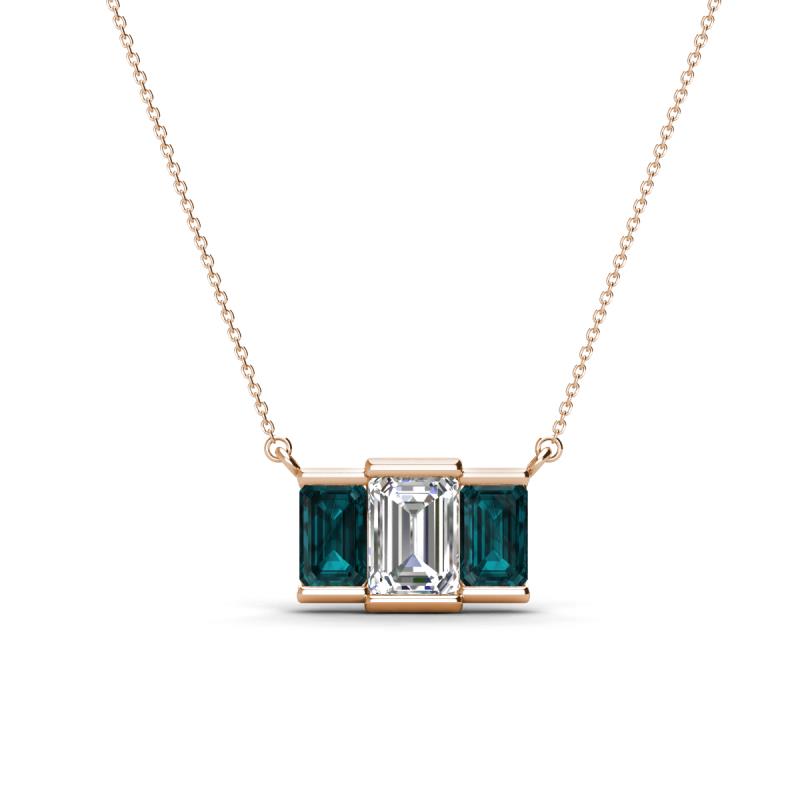 Veronica 6x4 mm Emerald Shape GIA Certified Diamond and London Blue Topaz Three Stone Pendant Necklace 