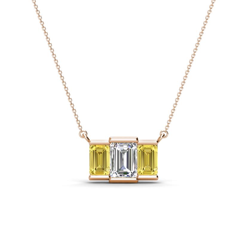 Veronica 6x4 mm Emerald Shape GIA Certified Diamond and Yellow Sapphire Three Stone Pendant Necklace 