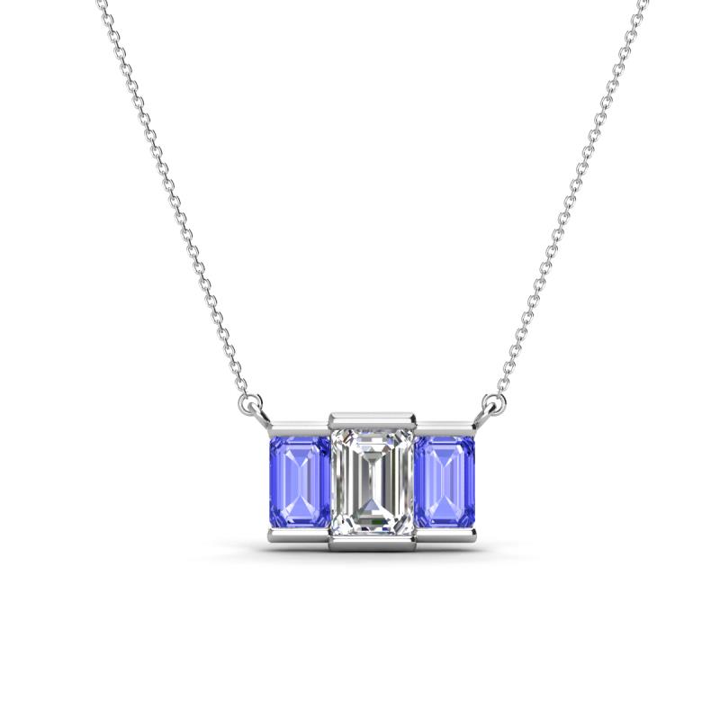 Veronica 6x4 mm Emerald Shape GIA Certified Diamond and Tanzanite Three Stone Pendant Necklace 