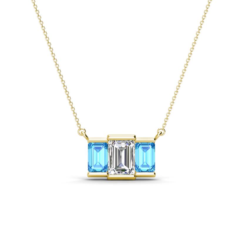 Veronica 6x4 mm Emerald Shape GIA Certified Diamond and Blue Topaz Three Stone Pendant Necklace 