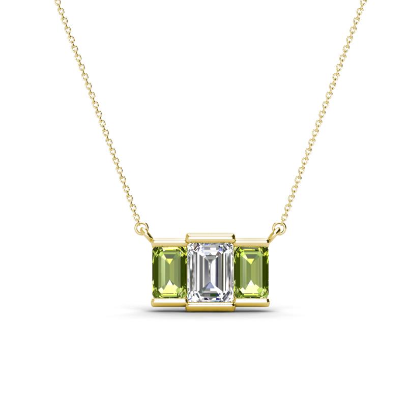 Veronica 6x4 mm Emerald Shape GIA Certified Diamond and Peridot Three Stone Pendant Necklace 