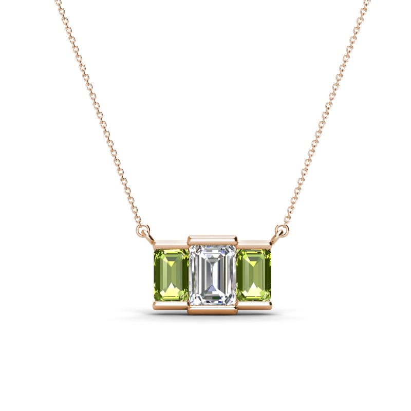 Veronica 6x4 mm Emerald Shape GIA Certified Diamond and Peridot Three Stone Pendant Necklace 