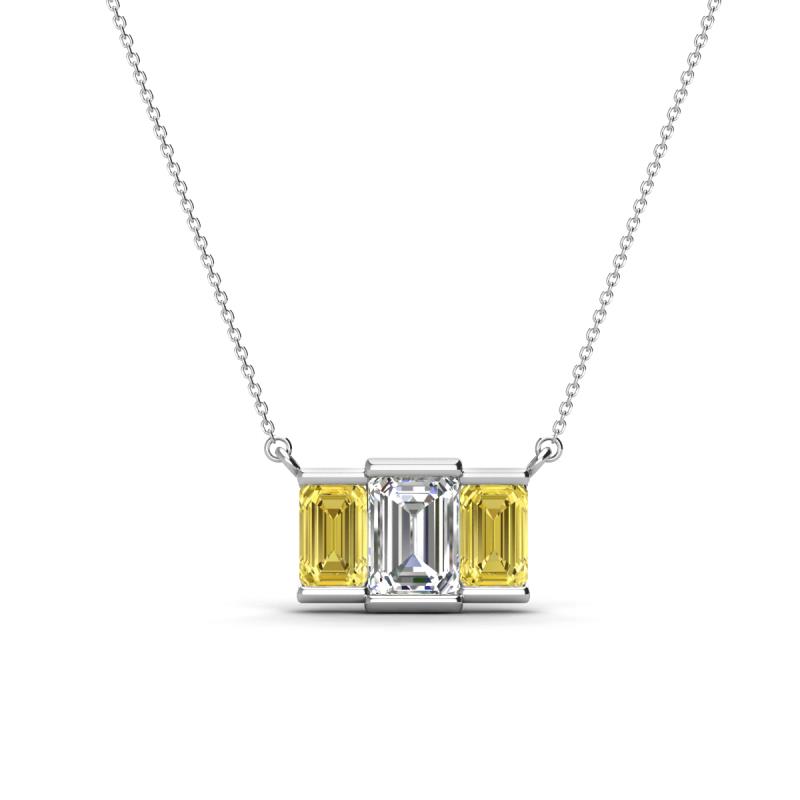 Veronica 6x4 mm Emerald Shape GIA Certified Diamond and Yellow Sapphire Three Stone Pendant Necklace 