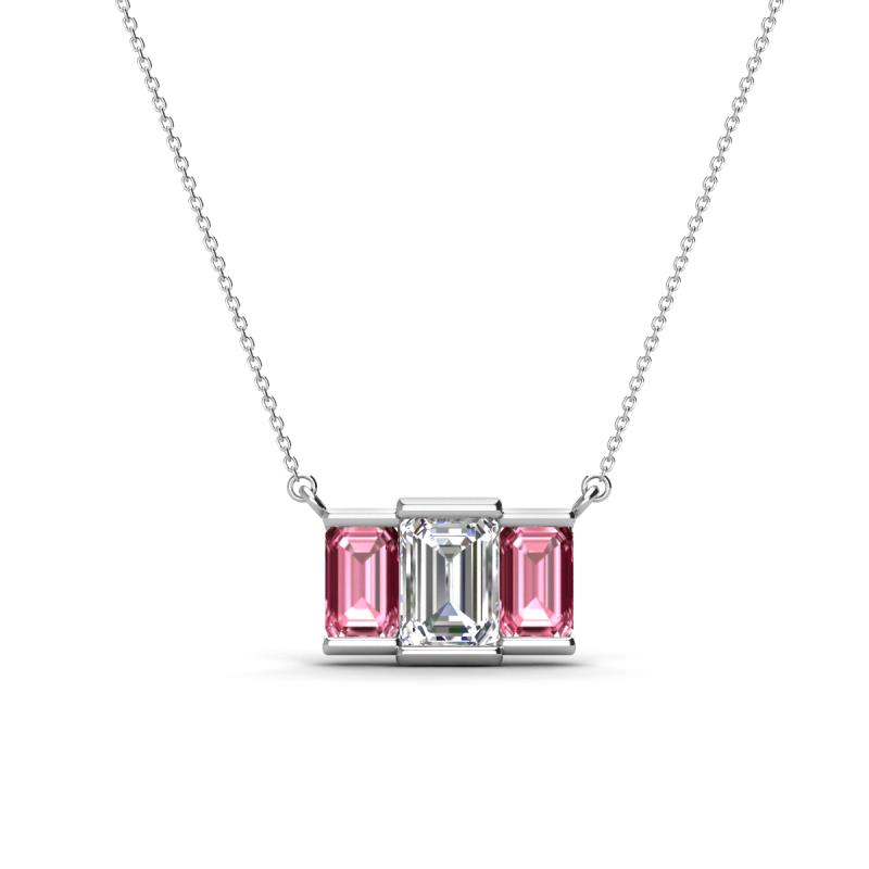 Veronica 6x4 mm Emerald Shape GIA Certified Diamond and Pink Tourmaline Three Stone Pendant Necklace 