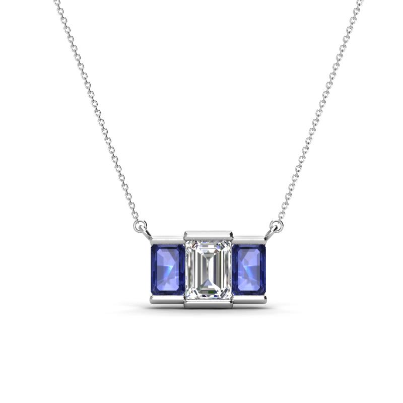 Veronica 6x4 mm Emerald Shape GIA Certified Diamond and Iolite Three Stone Pendant Necklace 