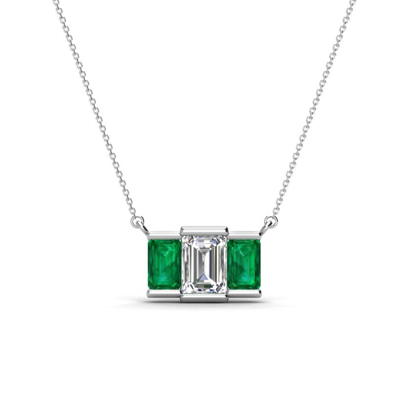 Veronica 6x4 mm Emerald Shape GIA Certified Diamond and Emerald Three Stone Pendant Necklace 