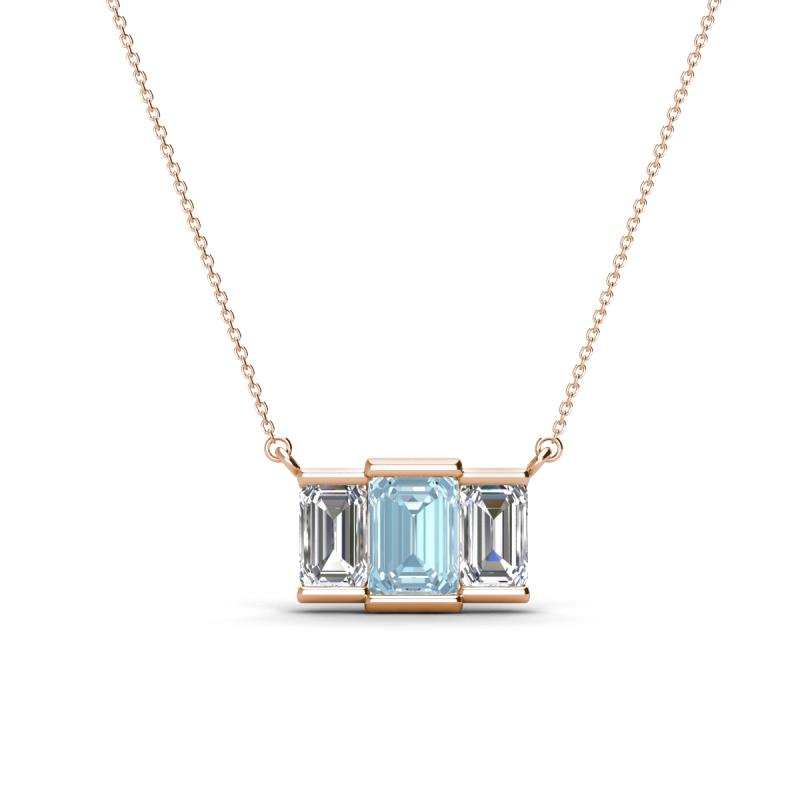Veronica 6x4 mm Emerald Shape Aquamarine and Lab Grown Diamond Three Stone Pendant Necklace 