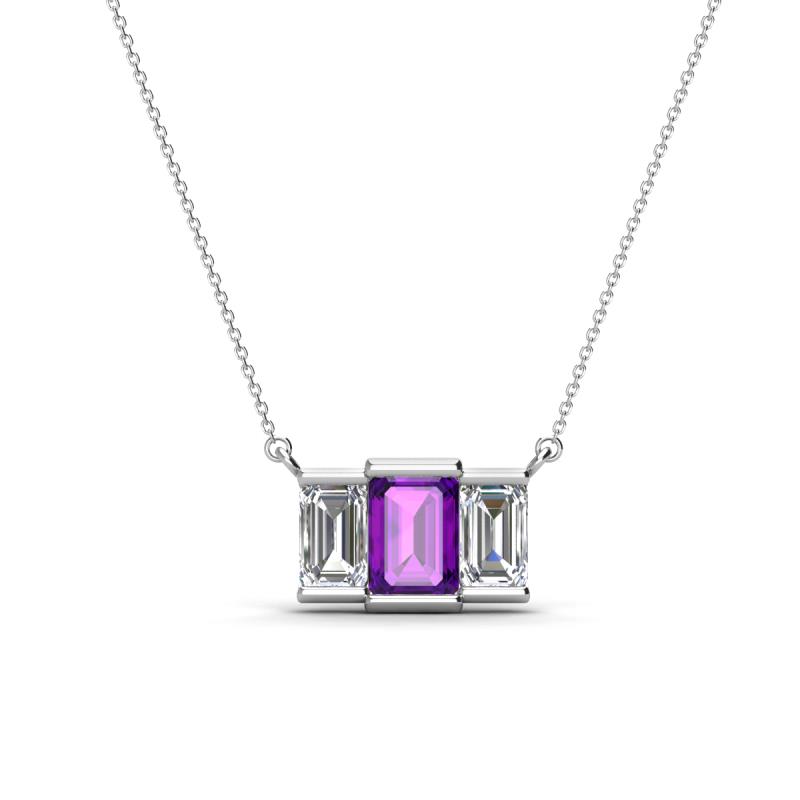 Veronica 6x4 mm Emerald Shape Amethyst and Lab Grown Diamond Three Stone Pendant Necklace 