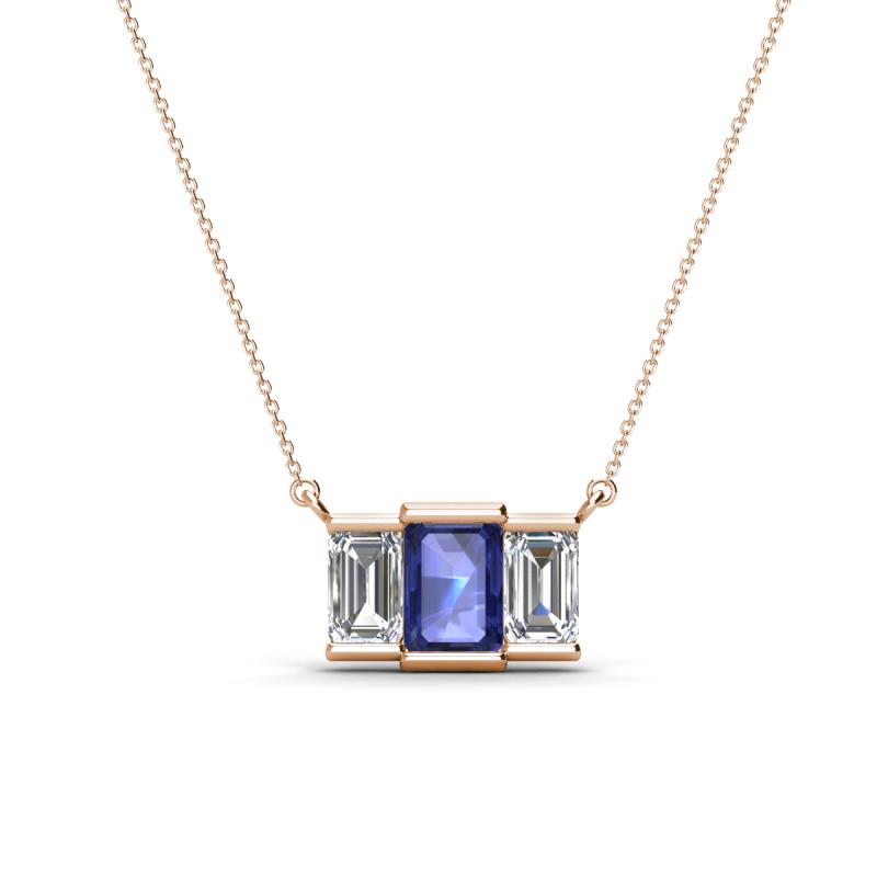 Veronica 6x4 mm Emerald Shape Iolite and Lab Grown Diamond Three Stone Pendant Necklace 