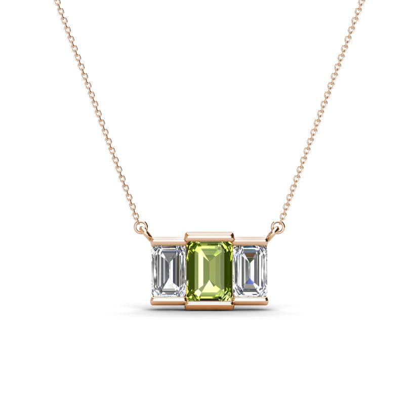 Veronica 6x4 mm Emerald Shape Peridot and Lab Grown Diamond Three Stone Pendant Necklace 