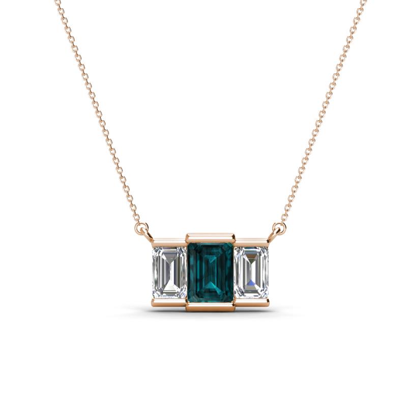 Veronica 6x4 mm Emerald Shape London Blue Topaz and Lab Grown Diamond Three Stone Pendant Necklace 