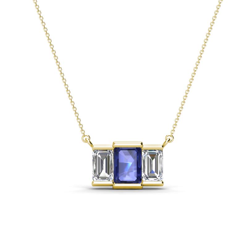 Veronica 6x4 mm Emerald Shape Iolite and Lab Grown Diamond Three Stone Pendant Necklace 