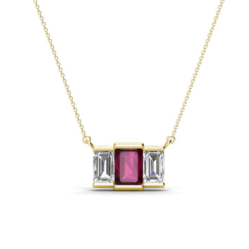 Veronica 6x4 mm Emerald Shape Rhodolite Garnet and Lab Grown Diamond Three Stone Pendant Necklace 