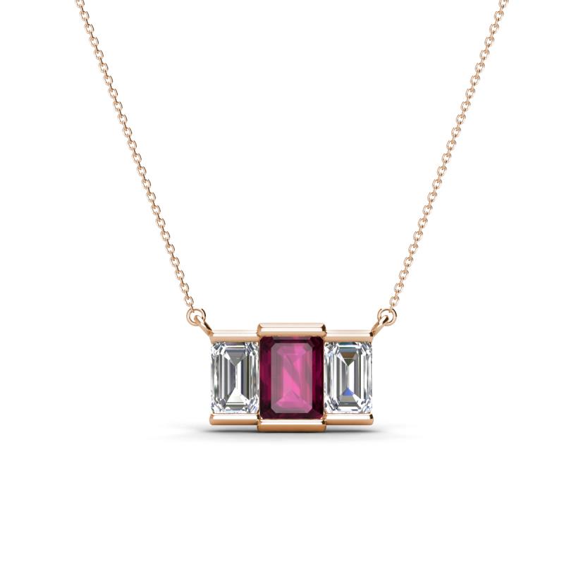 Veronica 6x4 mm Emerald Shape Rhodolite Garnet and Lab Grown Diamond Three Stone Pendant Necklace 