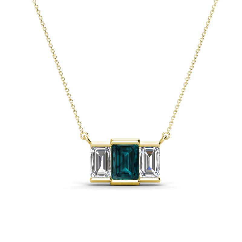 Veronica 6x4 mm Emerald Shape London Blue Topaz and Lab Grown Diamond Three Stone Pendant Necklace 