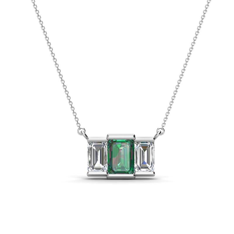 Veronica 6x4 mm Emerald Shape Lab Created Alexandrite and Lab Grown Diamond Three Stone Pendant Necklace 