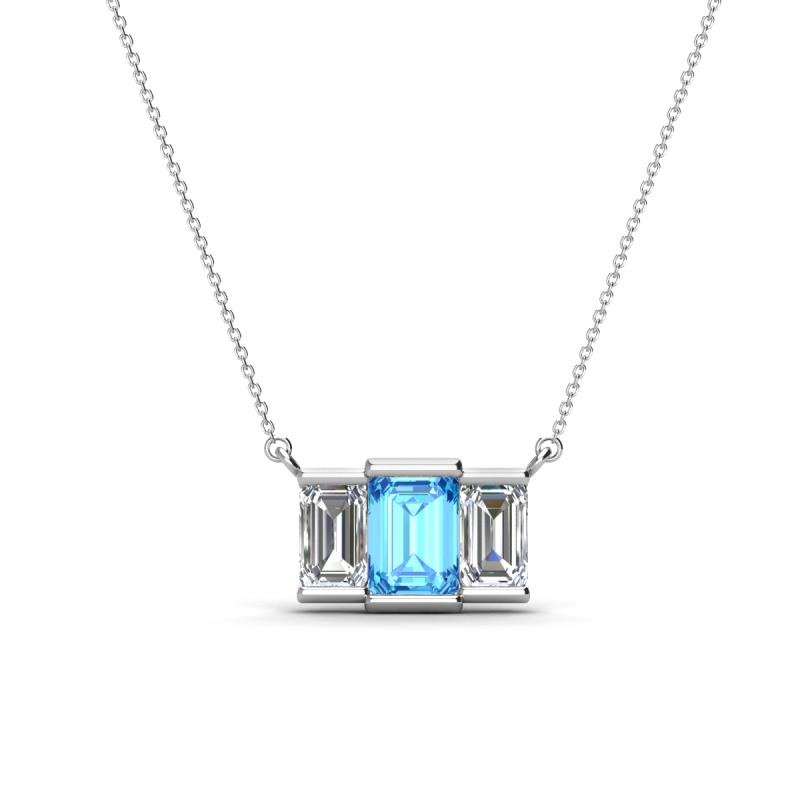 Veronica 6x4 mm Emerald Shape Blue Topaz and Lab Grown Diamond Three Stone Pendant Necklace 