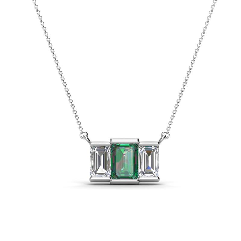 Veronica 6x4 mm Emerald Shape Lab Created Alexandrite and Lab Grown Diamond Three Stone Pendant Necklace 