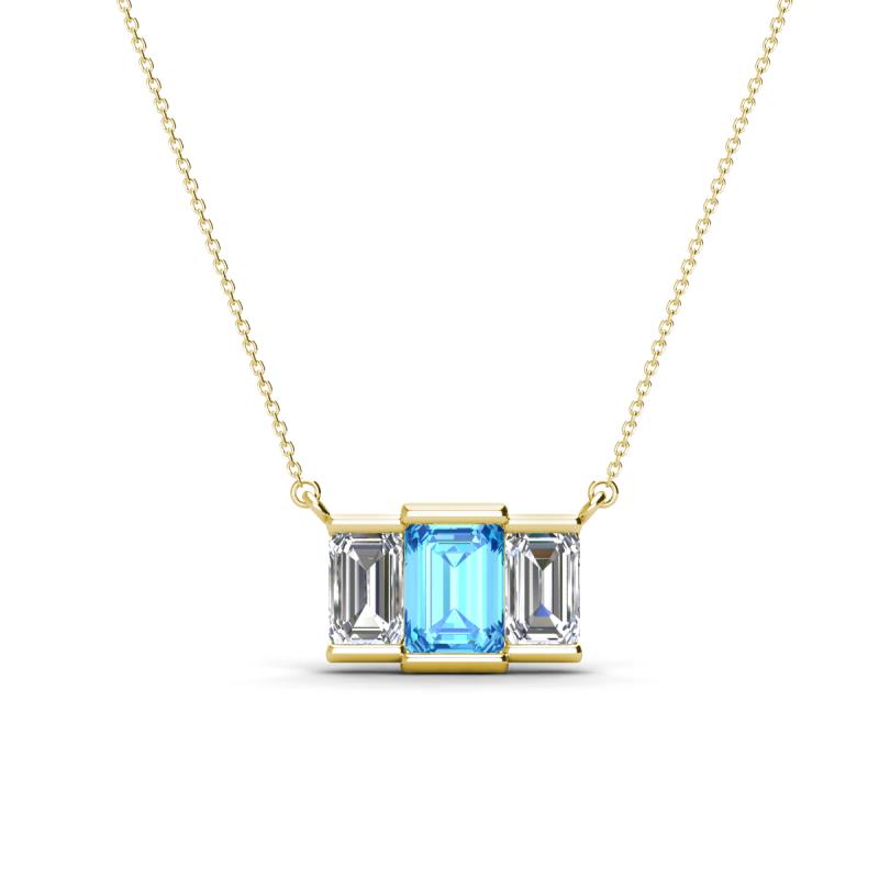Veronica 6x4 mm Emerald Shape Blue Topaz and Lab Grown Diamond Three Stone Pendant Necklace 