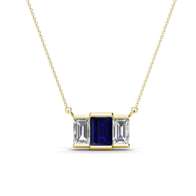Veronica 6x4 mm Emerald Shape Blue Sapphire and Lab Grown Diamond Three Stone Pendant Necklace 