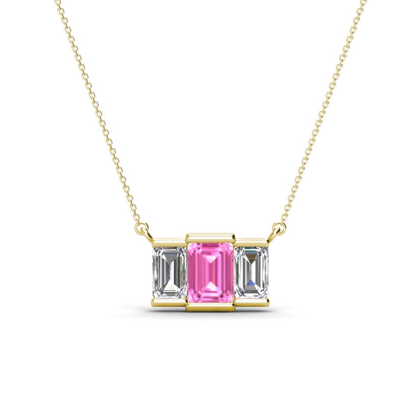 Veronica 6x4 mm Emerald Shape Pink Sapphire and Lab Grown Diamond Three Stone Pendant Necklace 