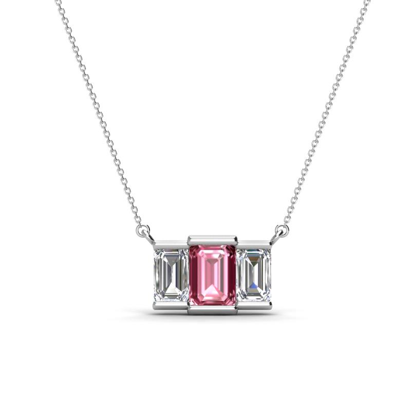 Veronica 6x4 mm Emerald Shape Pink Tourmaline and Lab Grown Diamond Three Stone Pendant Necklace 