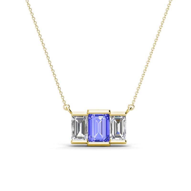 Veronica 6x4 mm Emerald Shape Tanzanite and Lab Grown Diamond Three Stone Pendant Necklace 