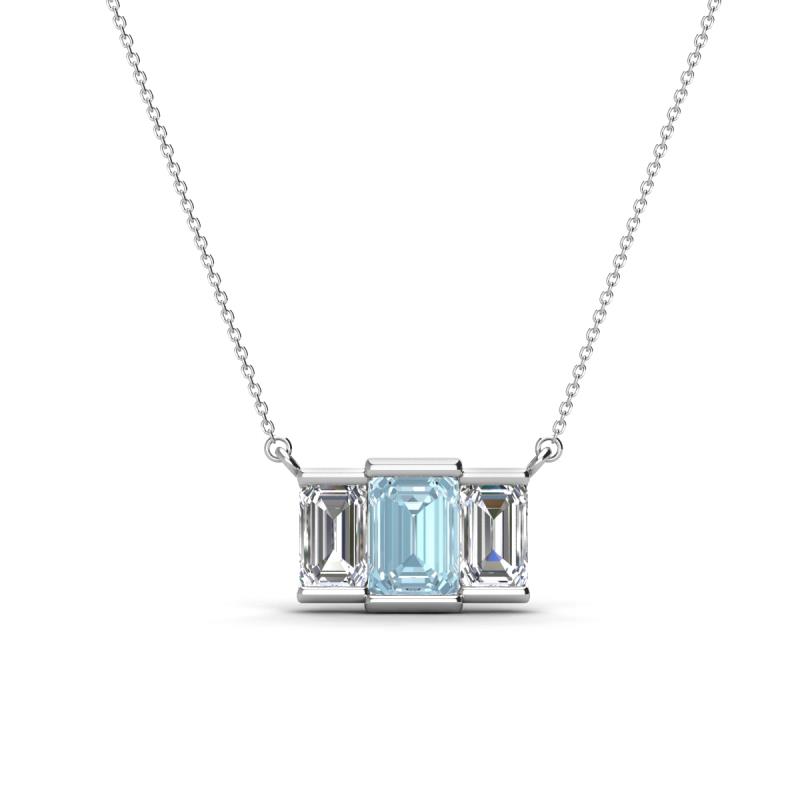 Veronica 6x4 mm Emerald Shape Aquamarine and Lab Grown Diamond Three Stone Pendant Necklace 