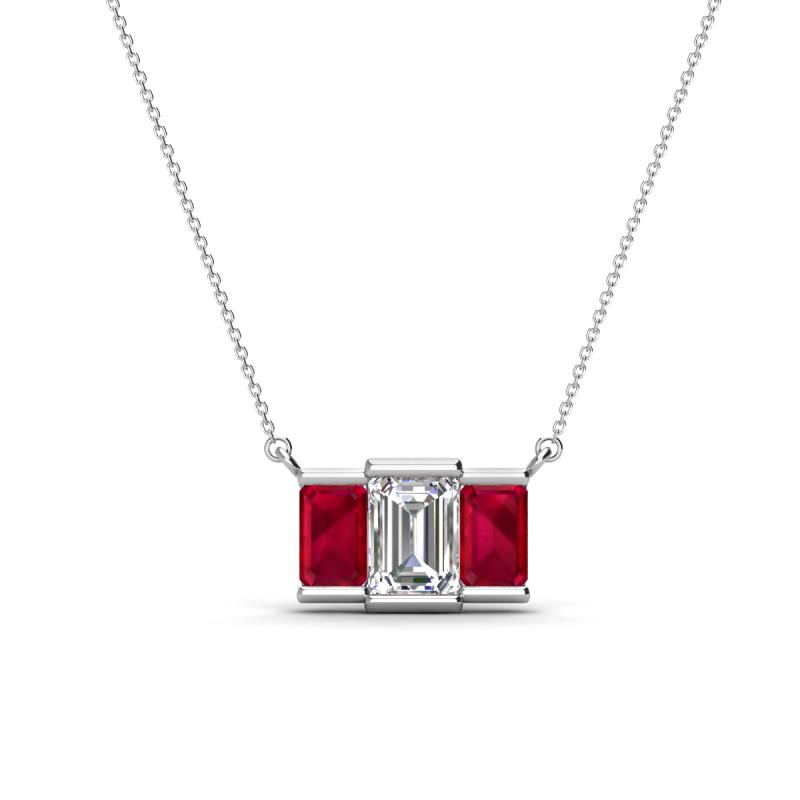 Veronica 6x4 mm Emerald Shape Lab Grown Diamond and Ruby Three Stone Pendant Necklace 