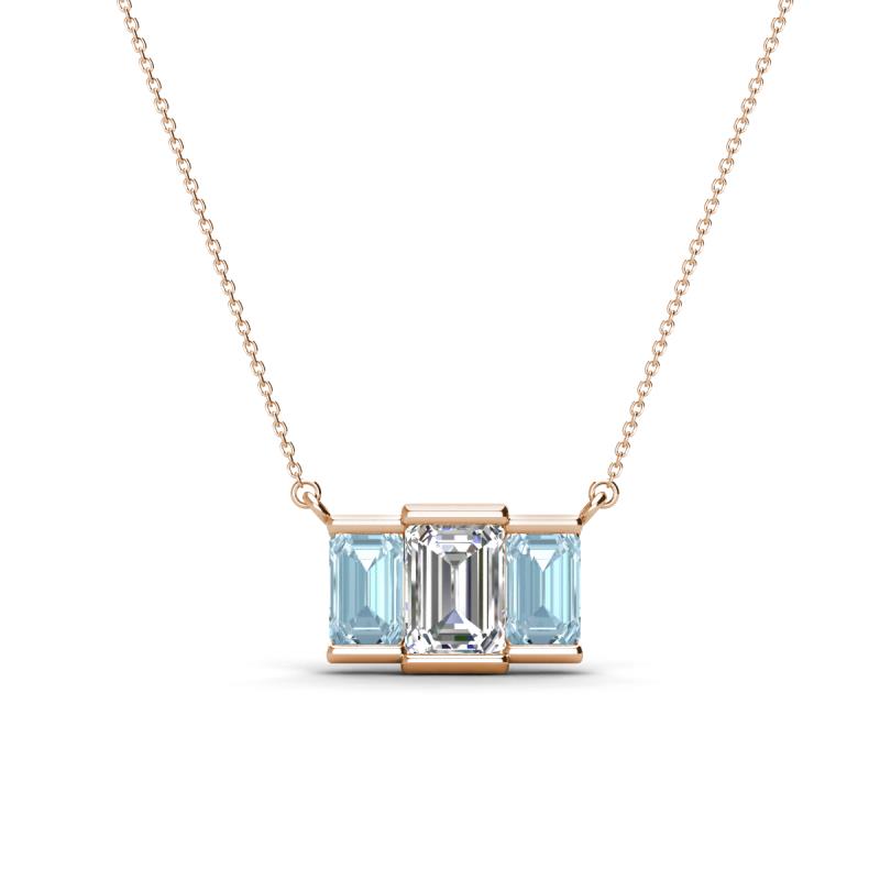 Veronica 6x4 mm Emerald Shape Lab Grown Diamond and Aquamarine Three Stone Pendant Necklace 