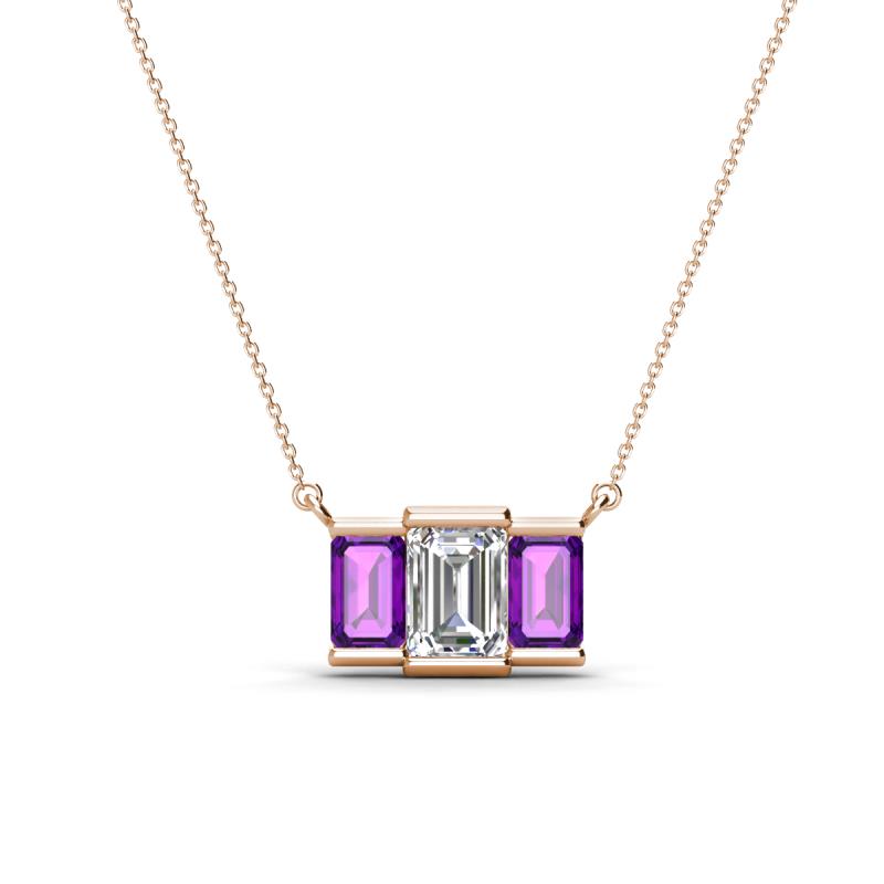 Veronica 6x4 mm Emerald Shape Lab Grown Diamond and Amethyst Three Stone Pendant Necklace 