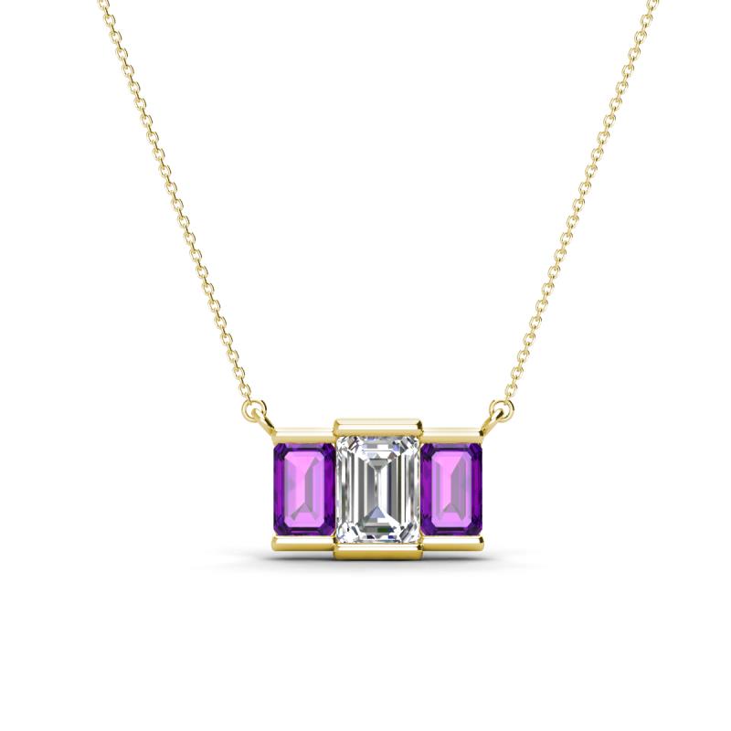 Veronica 6x4 mm Emerald Shape Lab Grown Diamond and Amethyst Three Stone Pendant Necklace 