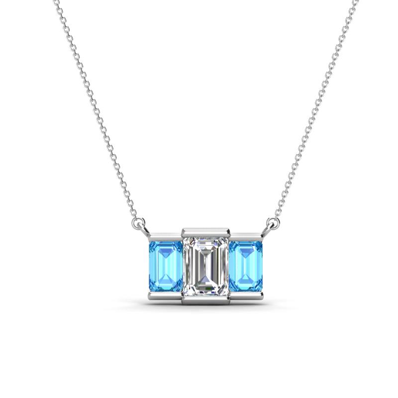 Veronica 6x4 mm Emerald Shape Lab Grown Diamond and Blue Topaz Three Stone Pendant Necklace 