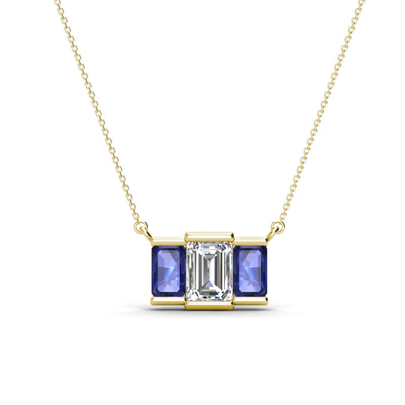 Veronica 6x4 mm Emerald Shape Lab Grown Diamond and Iolite Three Stone Pendant Necklace 