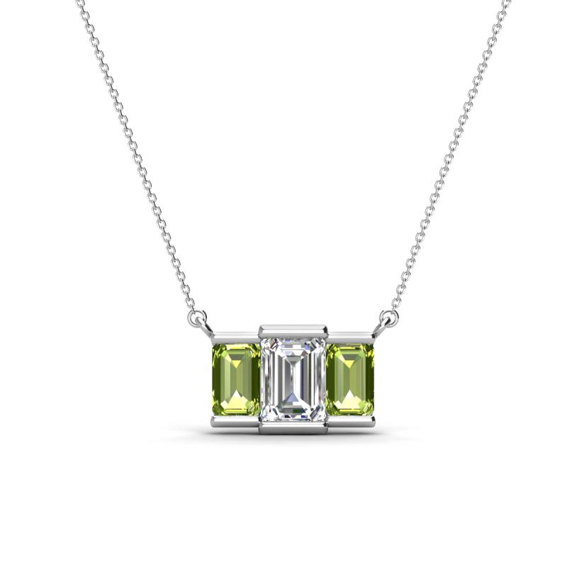 Veronica 6x4 mm Emerald Shape Lab Grown Diamond and Peridot Three Stone Pendant Necklace 