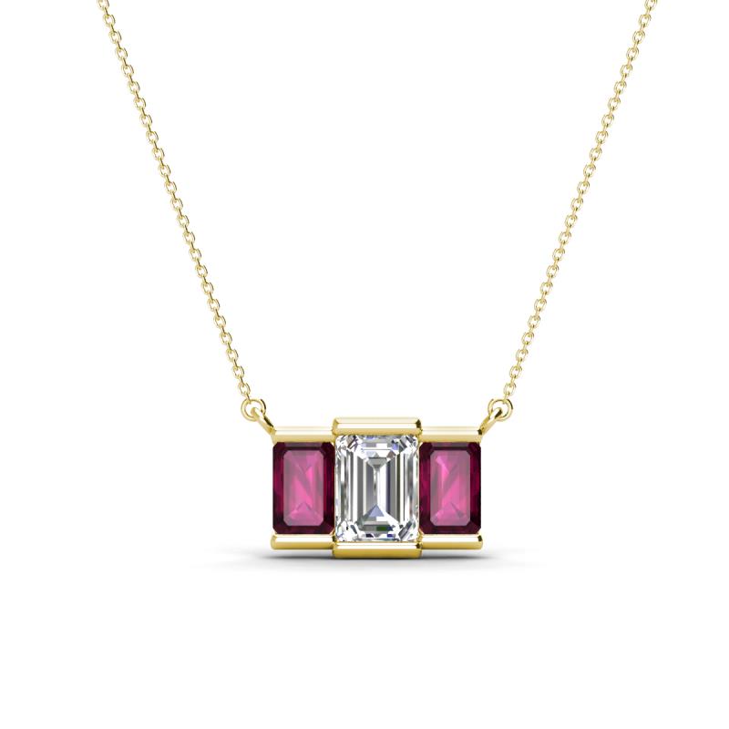 Veronica 6x4 mm Emerald Shape Lab Grown Diamond and Rhodolite Garnet Three Stone Pendant Necklace 